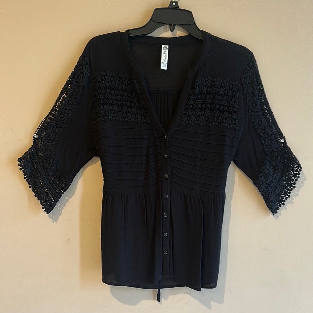 American Rag Black Smocked Blouse with Buttoned 3/4 Sleeves